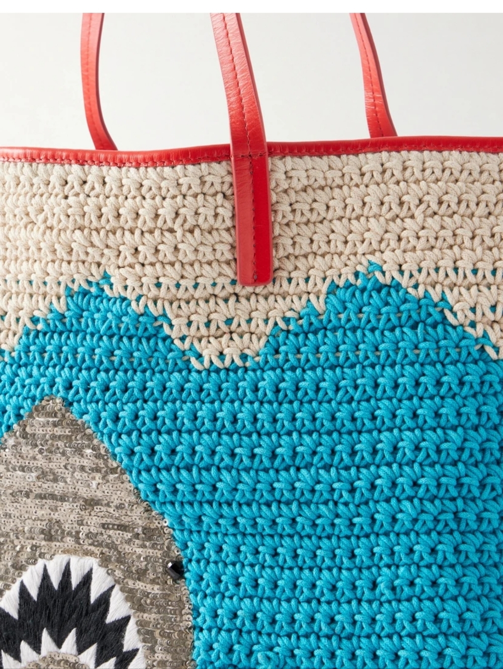 STAUD X large Bag Crochet Leather Shark Embroidered Tote Turquoise Cream Purse - Picture 8 of 12